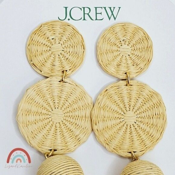 New! J. Crew Raffia Straw Bohemian Tripe Drop Natural Earrings - Picture 4 of 7